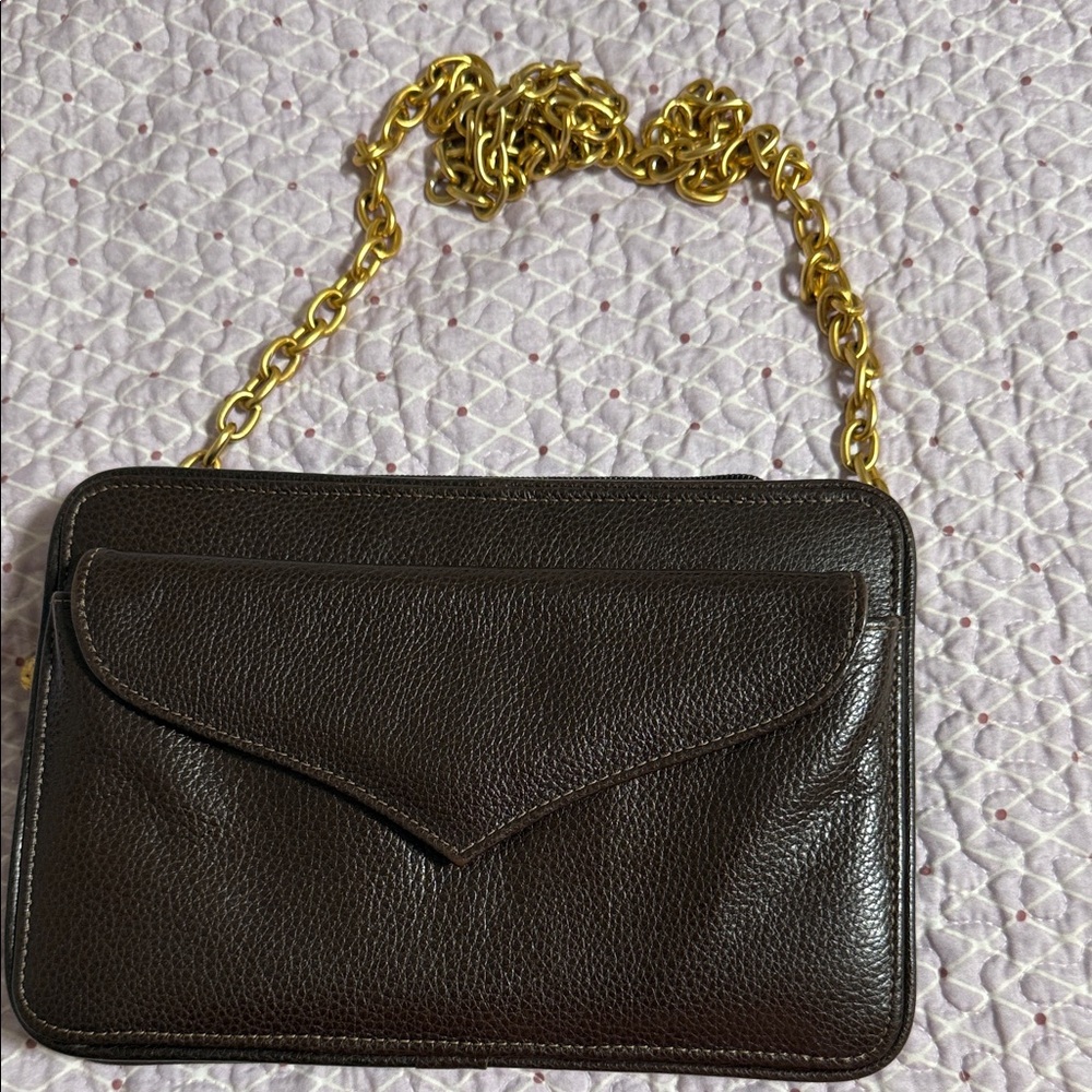 Chic Brown Leather Crossbody Bag with Gold Chain